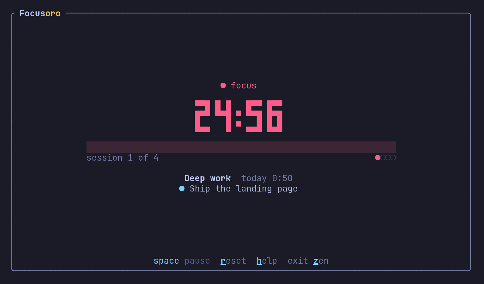 Zen mode with a large countdown, the current topic and the pinned task.
